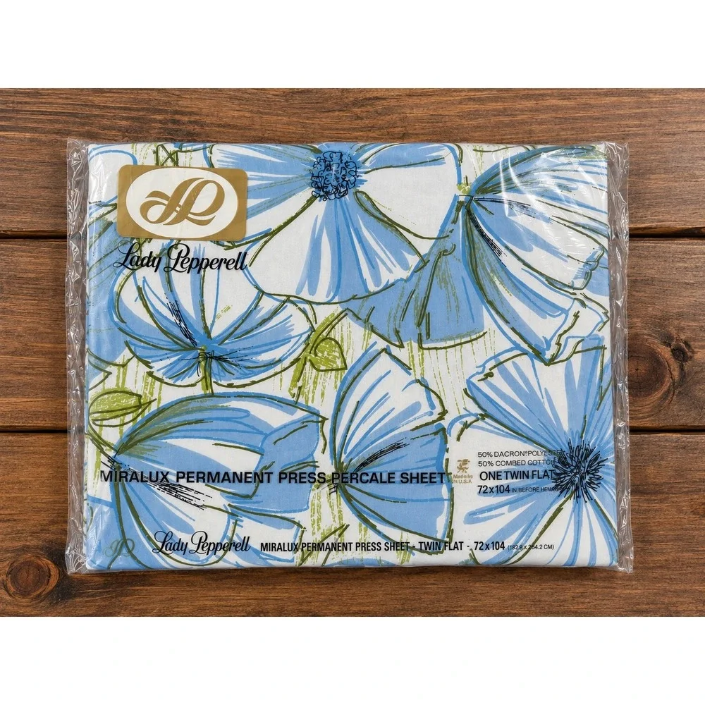 Lady Pepperell Flat Sheet Twin Blue Floral NOS Vintage Percale MCM 72x104